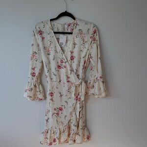 H&M Floral Wrap Mini Dress - Cream and Pink